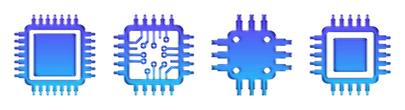 Computer Processor Chip Technology 3D Glossy Gradient Icon Set. Transparent PNG