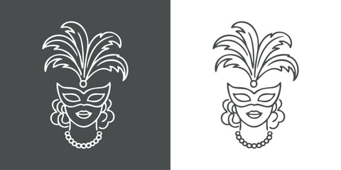 Obraz premium Carnaval de Venecia. Dibujo minimalista con líneas de la cabeza de una mujer con una máscara de carnaval o de fiesta con plumas y collar de perlas 