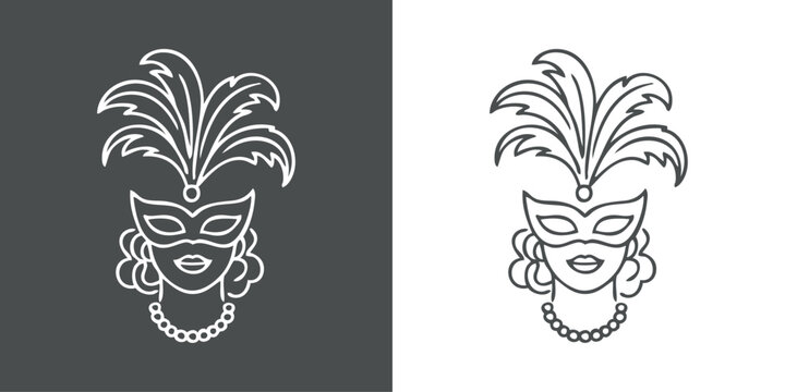 Carnaval de Venecia. Dibujo minimalista con l&iacute;neas de la cabeza de una mujer con una m&aacute;scara de carnaval o de fiesta con plumas y collar de perlas 