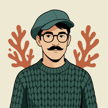 Man with Mustache and Glasses Wearing Green Sweater Against Coral Background