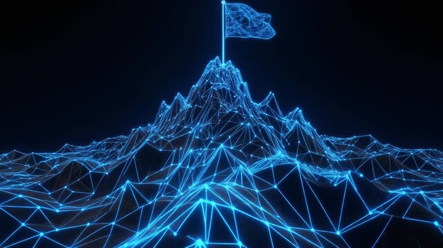 Stylized digital mountain of glowing blue lines with summit flag, symbolizing achievement, innovation, and technological advancement.