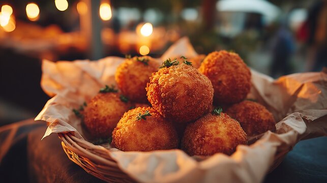 Homemade arancini rice balls in paper basket at outdoor dinner, cozy evening ambiance, crispy Italian comfort food photography.