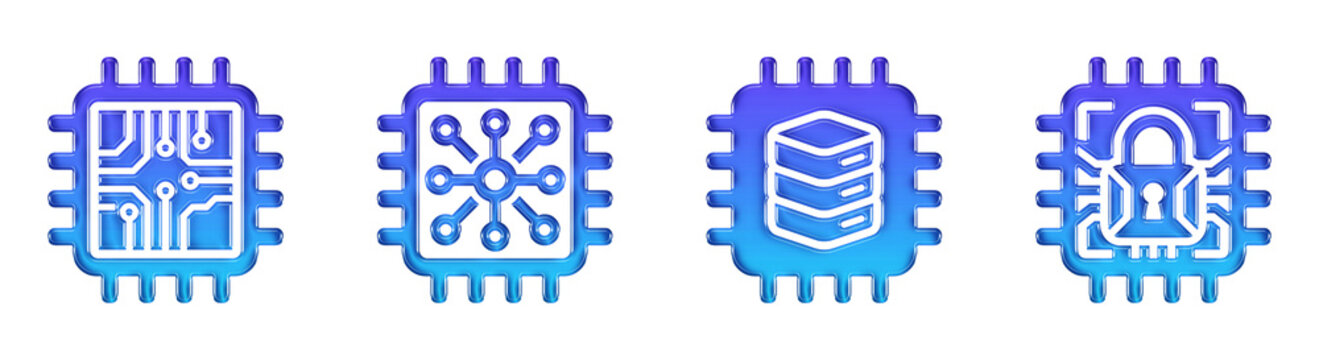 Computer Processor Circuit Network Database Security 3D Glossy Gradient Icon Set. Transparent PNG