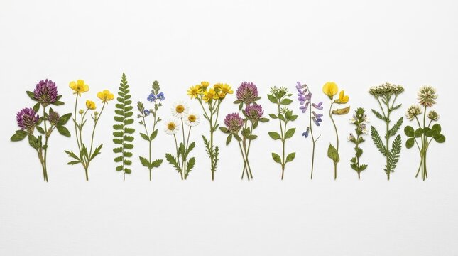 Collection of various pressed dried wildflowers and leaves isolated on white background