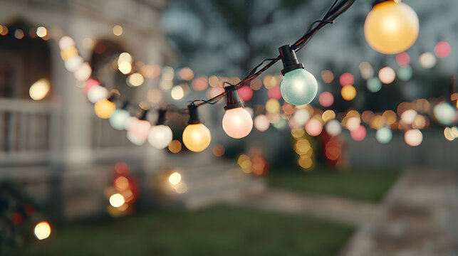 Colorful hanging string lights illuminating suburban house backyard at dusk with bokeh effect.