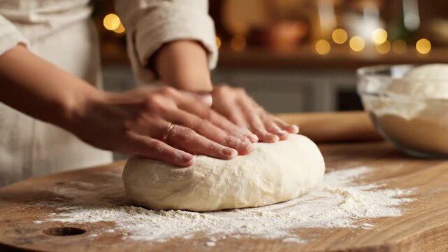 Hands kneading dough with flour on wooden board in kitchen