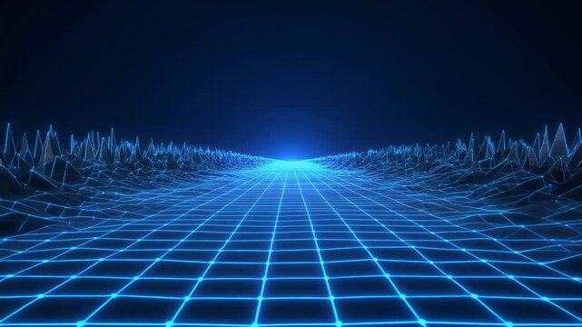 Glowing blue grid extending into vanishing horizon, symbolizing futuristic digital landscape, virtual reality, and technological depth of cyberspace.