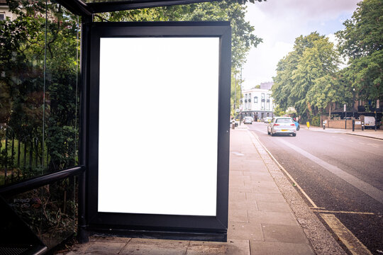 LONDON - blank advertising panel at bus stop on city street