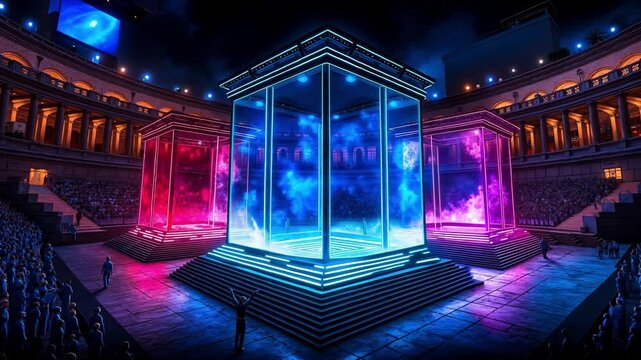 Futuristic colosseum arena with massive glowing energy cubes and a crowd watching a sci-fi event