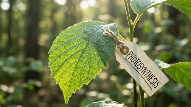Green plant leaf, with fresh water drop, a tag identifying photosynthesis, demonstrating the biochemical conversion of light energy into chemical compound within a natural woodland setting.
