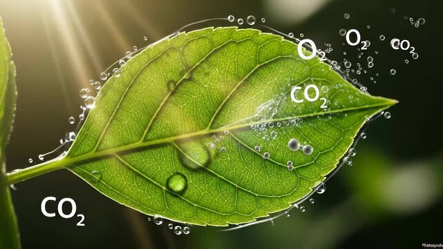 Leaf, transforming solar energy into chemical power, demonstrating biological photosynthesis, absorbing environmental carbon dioxide, releasing essential oxygen, sustaining global life.