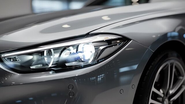 Close-up of sleek modern car headlight with reflective surface