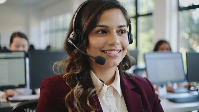 Call center employee helps customers with their inquiries while working in an office setting during daytime hours