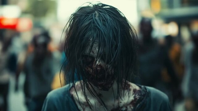 Pale survivor with blood covered face and matted hair emerging from shadowy zombie crowd in devastated urban landscape, depicting post apocalyptic horror aftermath