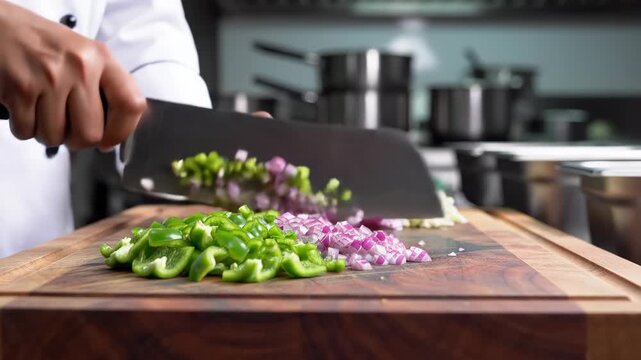 Professional Chef in White Uniform Chopping Green Bell Peppers and Red Onions on Wooden Board with Cleaver