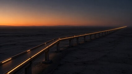 Fototapeta premium A long, illuminated bridge stretches into the horizon under a dramatic sunset sky.
