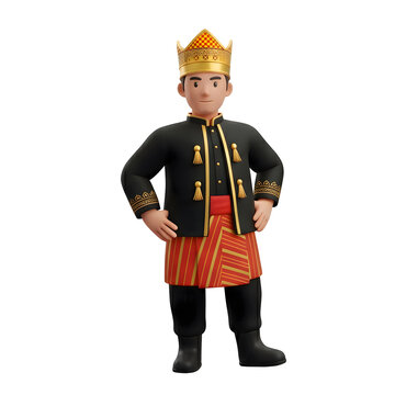 3D Man in Traditional Royal Attire with Golden Crown