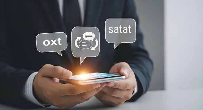 Businessman in suit interacts with mobile phone displaying oxt and satat icons