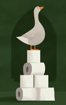 Cute Cartoon Goose with Toilet Paper Isolated on Green