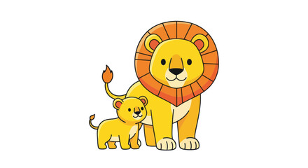 Friendly lion and cub standing together in cartoon style © Inung