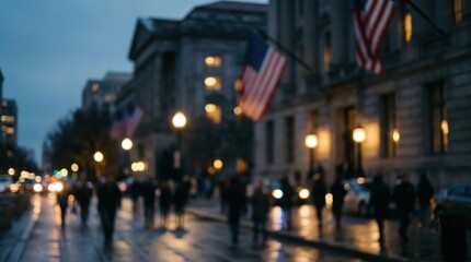 Obraz premium Blurred city street night evening bokeh urban building american flags people walking sidewalk atmosphere motion lights architecture