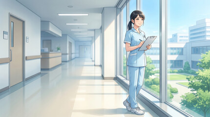 Fototapeta premium 病院の窓辺に立つ看護師を描いたアニメイラストです。 やさしい自然光と清潔感のある医療空間が特徴です。