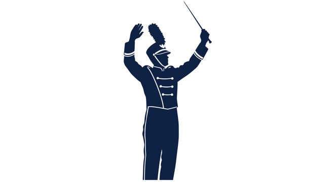 Silhouette of a drum major conducting a marching band