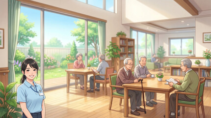 Fototapeta premium 介護施設で優しく微笑む介護士を描いたアニメイラストです。 明るい夏の光と広いコピースペースが特徴です。
