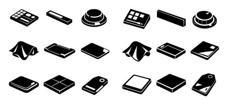 Kitchen and cooking design icons with stove knob, cloth and tray for mobile app design in solid style