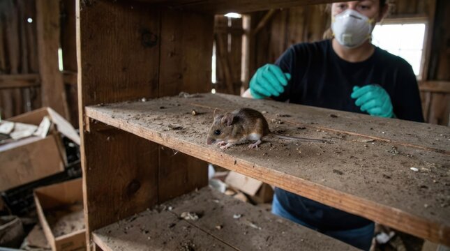 Deer mouse, hantavirus carrier, on dusty wooden shelf, showing rodent-borne pathogen risk, person in respirator protecting against infectious dust from dried droppings.