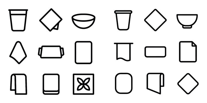 Kitchen and dining vector icons with cup, dishcloth and bowl for mobile app design in clean outline style