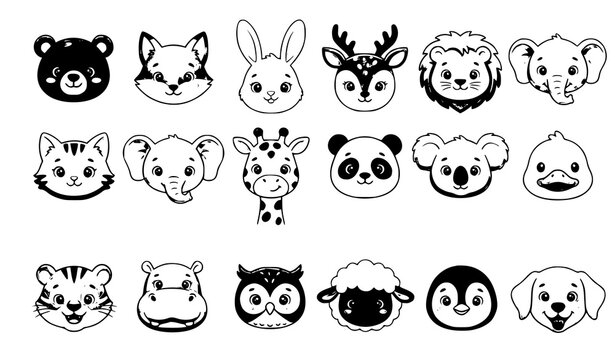 Big Set of Cute Animal Face Heads with Baby Cartoon Characters for Nursery Decor, Baby Shower, Posters and Cards