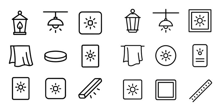Lighting and illumination concept icons with lantern, lamp and switch for web interface design in outline style