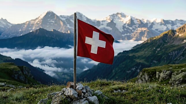 Swiss flag, proudly waving August 1, celebrating national day against majestic Switzerland mountain peaks, dramatic clouds below, sunlit alpine landscape during golden hour.