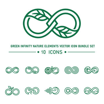 Ten Green Infinity Nature Elements Vector Icon Bundle Set