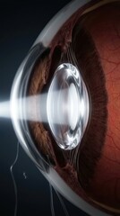 Obraz premium Eye anatomy cross section showing light beam focusing through crystalline lens, human optical organ model demonstrating pupil refraction, cornea iris vision structure.