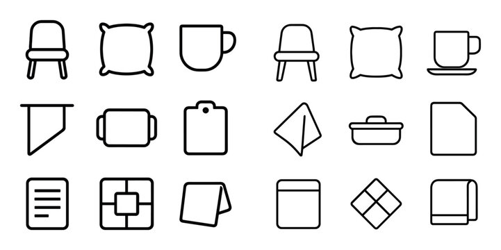 Kitchen and dining concept icons with chair, cup, towel and cutting board for presentation layout in outline style