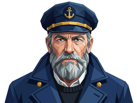 Low poly vector portrait of an old sea captain with a grey beard and blue uniform cap