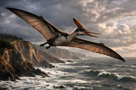 pteranodon soaring above ancient coastal cliffs