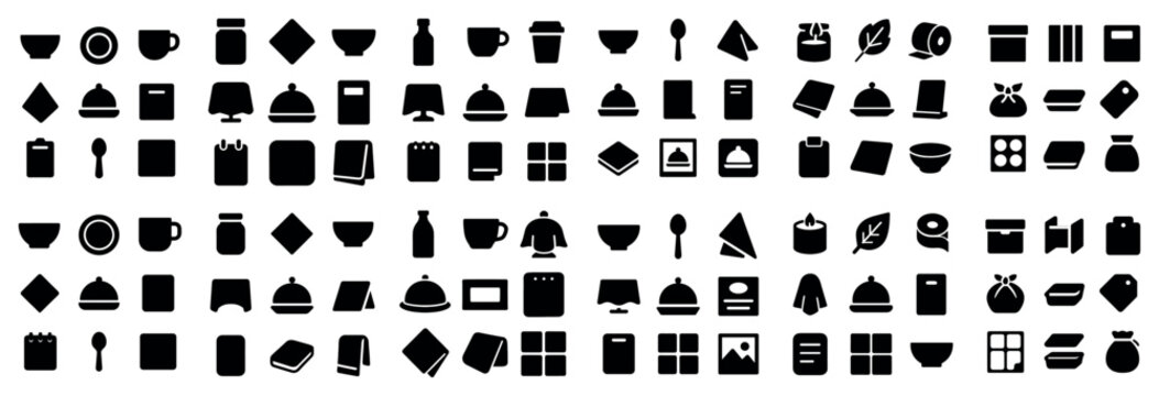 Restaurant and catering concept icons with covered dish, menu and spoon for presentation design in solid monochrome style