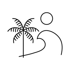 Logo agencia de viajes. Vacaciones de verano. Dibujo minimalista con líneas de una palmera con olas y sol © teracreonte