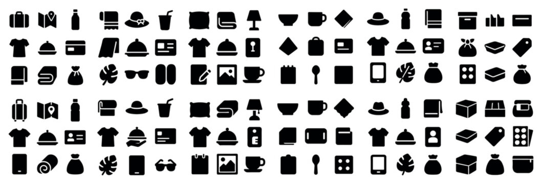 Hospitality and clothing concept icons with shirt luggage box for dashboard interface in bold glyph design