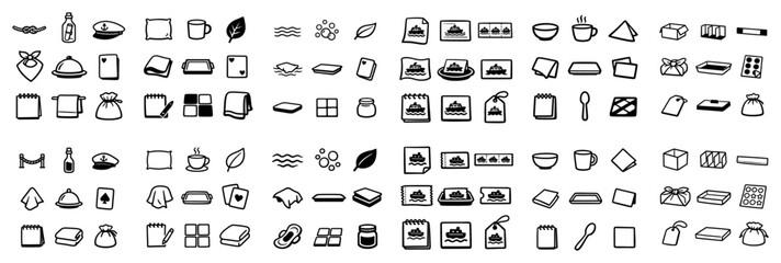 Fototapeta premium Food and packaging icon set with plate, cup and box for mobile app design in minimal vector art