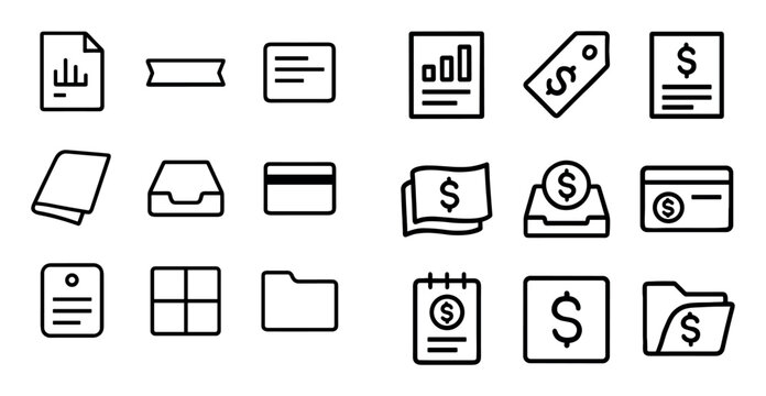 finance and documents vector icons with folder, money and report for mobile app design in outline style