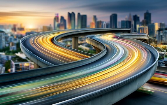Dynamic Urban Expressway with Sweeping Curves and City Skyline at Dusk Capturing Motion and Energy