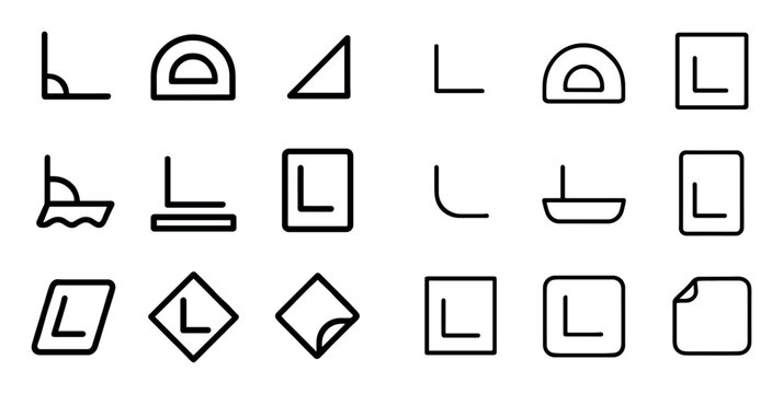 Geometry and corner design icons with angle, protractor and square for presentation graphics in basic outline style