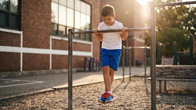 Boy hanging on pull-up bar in school playground. Child exercising outdoors during golden hour. Fitness and active play concept for kids physical development