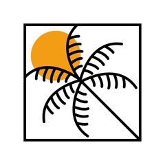 Logo agencia de viajes. Vacaciones de verano. Dibujo minimalista con líneas de una palmera en diagonal en un marco cuadrado con un círculo naranja detrás  © teracreonte