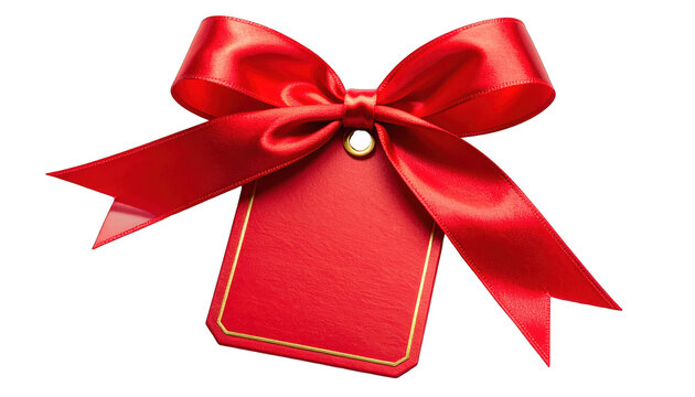 Red gift tag with satin bow for festive presents and holiday sales isolated on white background