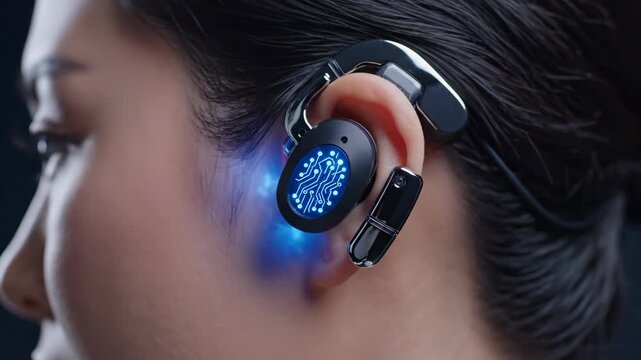 Cybernetic Ear Implant featuring Glowing Blue Circuit Pattern and Polished Chrome Shell